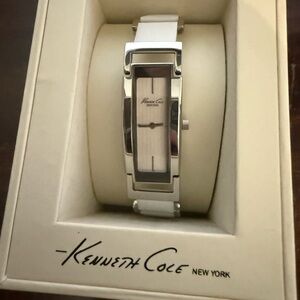 Kenneth Cole silver watch with white leather strap